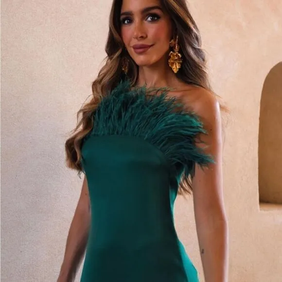 BLOGGER’S FAVE | NWT Zara - Green Feather Satin Effect Strapless Dress