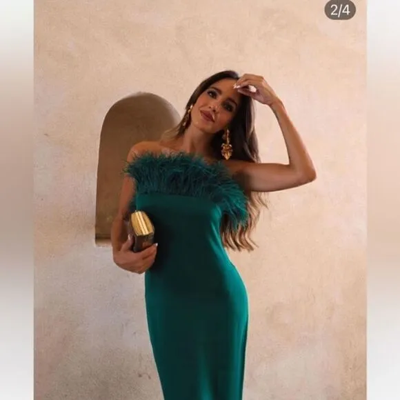 BLOGGER’S FAVE | NWT Zara - Green Feather Satin Effect Strapless Dress