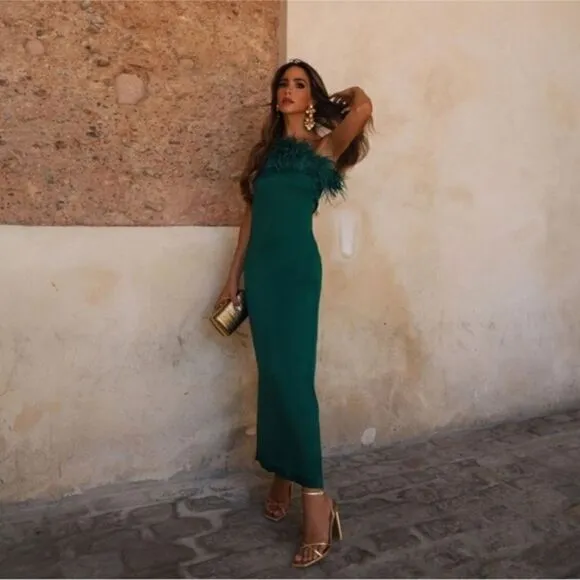 BLOGGER’S FAVE | NWT Zara - Green Feather Satin Effect Strapless Dress