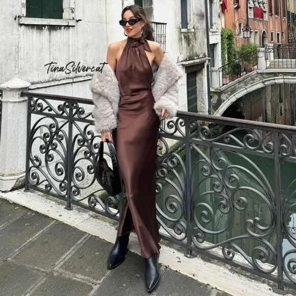 BLOGGER'S FAVE! Zara Open Back Satin Effect Dress Brown NWT