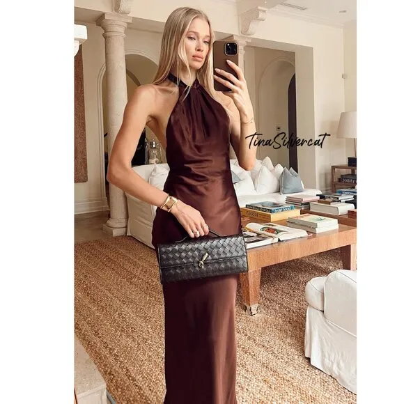 BLOGGER'S FAVE! Zara Open Back Satin Effect Dress Brown NWT