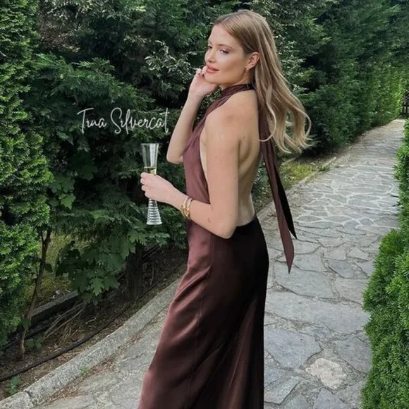 BLOGGER'S FAVE! Zara Open Back Satin Effect Dress Brown NWT
