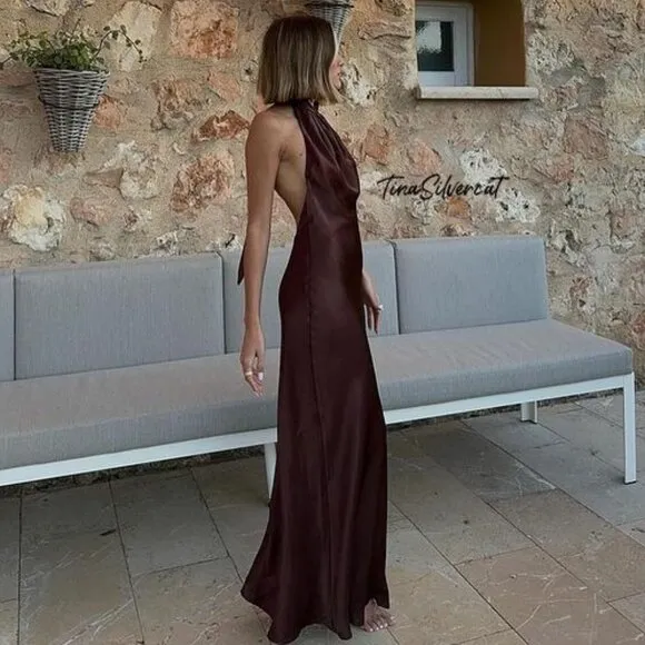 BLOGGER'S FAVE! Zara Open Back Satin Effect Dress Brown NWT