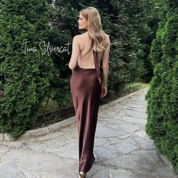BLOGGER'S FAVE! Zara Open Back Satin Effect Dress Brown NWT