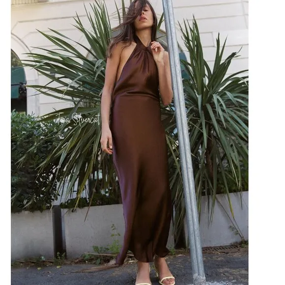 BLOGGER'S FAVE! Zara Open Back Satin Effect Dress Brown NWT