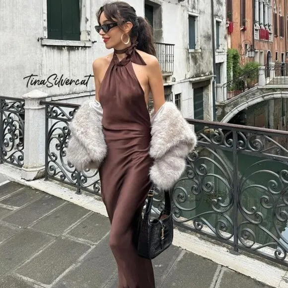 BLOGGER'S FAVE! Zara Open Back Satin Effect Dress Brown NWT