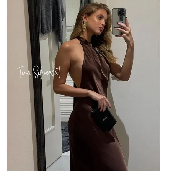 BLOGGER'S FAVE! Zara Open Back Satin Effect Dress Brown NWT