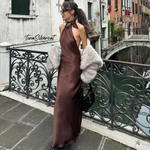 BLOGGER'S FAVE! Zara Open Back Satin Effect Dress Brown NWT
