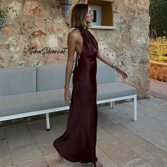 BLOGGER'S FAVE! Zara Open Back Satin Effect Dress Brown NWT