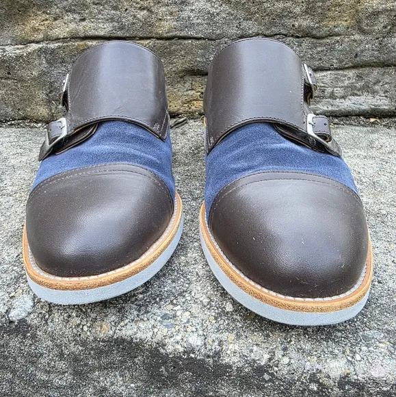 Bold By Soxy Lightweight Gray &amp; Blue Suede Leather Double Monk Strap Dress Shoes