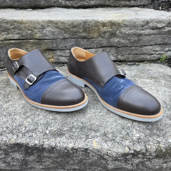Bold By Soxy Lightweight Gray &amp; Blue Suede Leather Double Monk Strap Dress Shoes