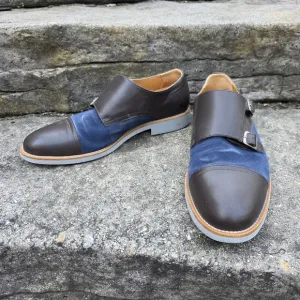Bold By Soxy Lightweight Gray &amp; Blue Suede Leather Double Monk Strap Dress Shoes