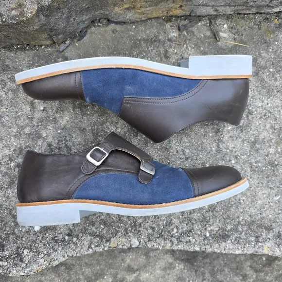 Bold By Soxy Lightweight Gray &amp; Blue Suede Leather Double Monk Strap Dress Shoes