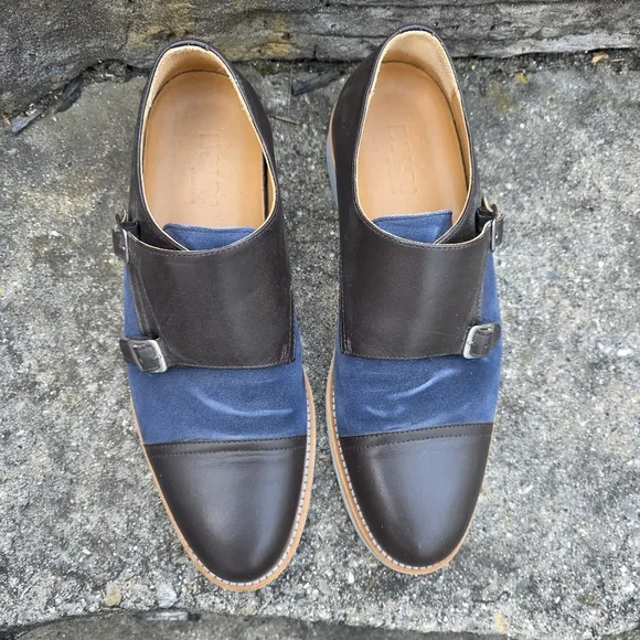 Bold By Soxy Lightweight Gray &amp; Blue Suede Leather Double Monk Strap Dress Shoes