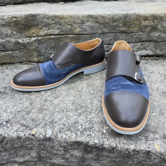 Bold By Soxy Lightweight Gray &amp; Blue Suede Leather Double Monk Strap Dress Shoes