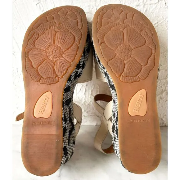 Born Dorrah Sandals Beige Leather Woven Print Platform Wedge Heel - Women's 8