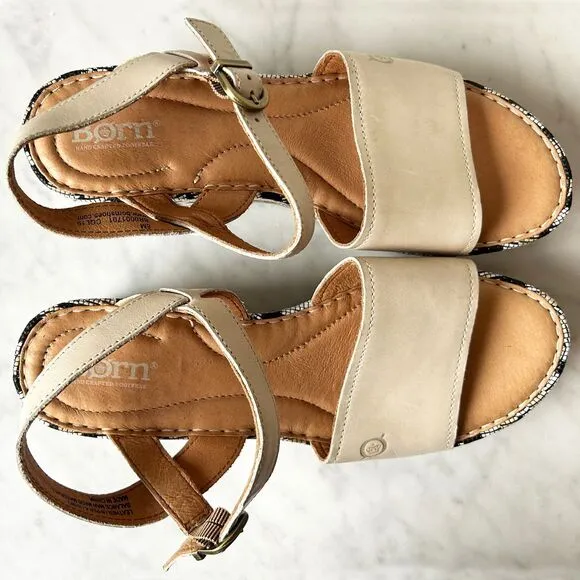 Born Dorrah Sandals Beige Leather Woven Print Platform Wedge Heel - Women's 8