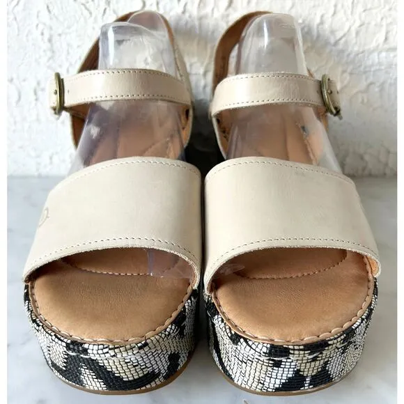 Born Dorrah Sandals Beige Leather Woven Print Platform Wedge Heel - Women's 8