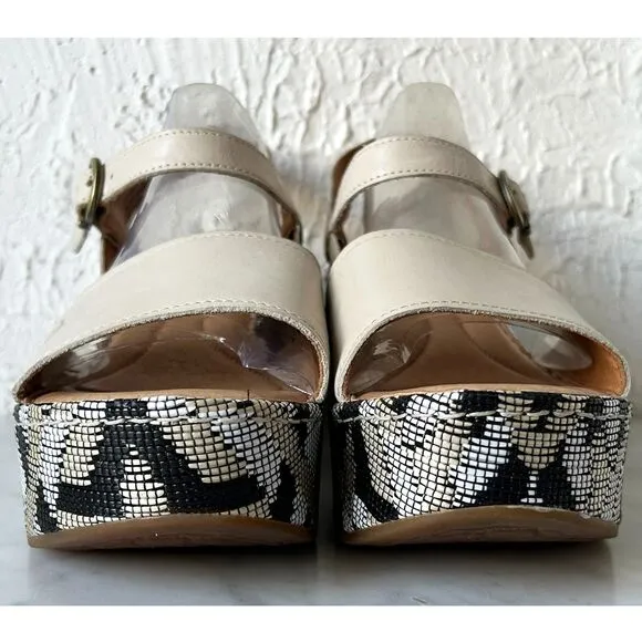 Born Dorrah Sandals Beige Leather Woven Print Platform Wedge Heel - Women's 8