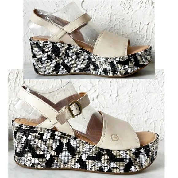 Born Dorrah Sandals Beige Leather Woven Print Platform Wedge Heel - Women's 8