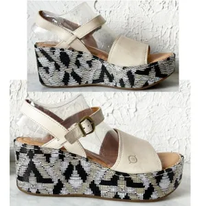 Born Dorrah Sandals Beige Leather Woven Print Platform Wedge Heel - Women's 8