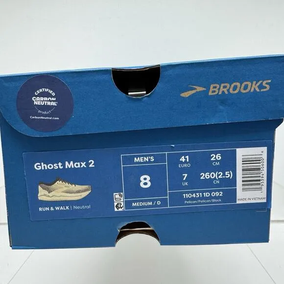 Brand New Men’s Brooks Ghost Max 2 Pelican Tan Beige Running 1104311D092 Size 8