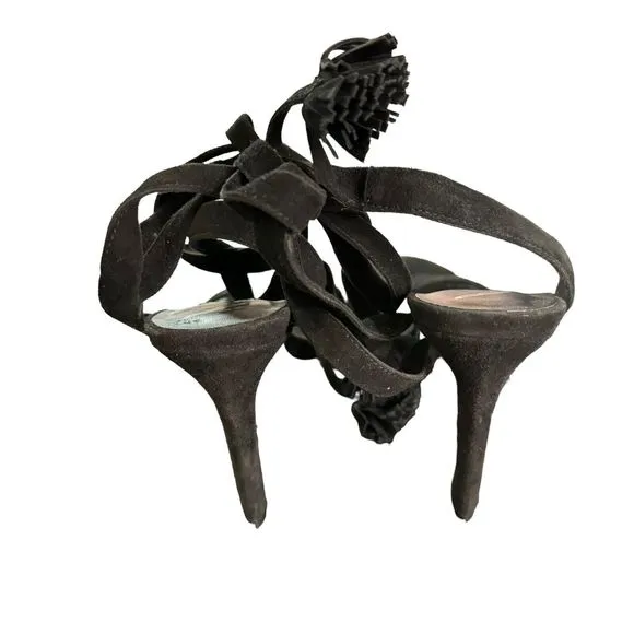 Brian Atwood Tiara Black Suede Ankle Tie Heels Open Toe Sandal Women's 7.5 a9
