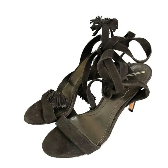 Brian Atwood Tiara Black Suede Ankle Tie Heels Open Toe Sandal Women's 7.5 a9