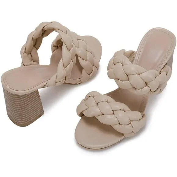 Bridal Bridesmaid Heeled Sandals Braided Open Toe Chunky Heels Slip on Strappy
