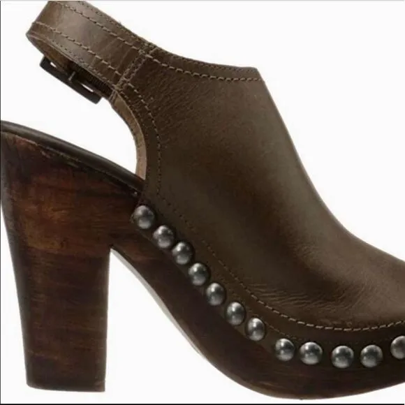 Brown Leather Studded High Heel Clogs Shoes NEW