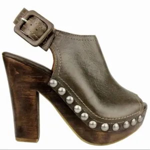 Brown Leather Studded High Heel Clogs Shoes NEW