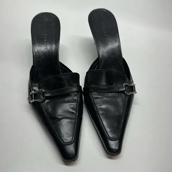 Burberry High Heels Shoes Pointed Toe Leather Open Back Mules Black Size 36 US 6