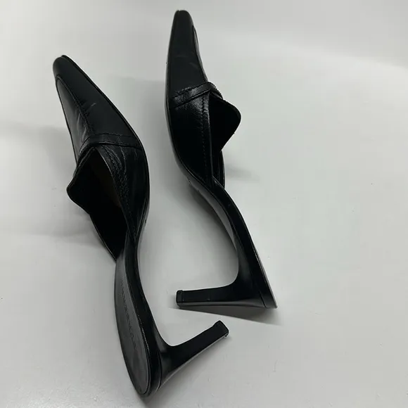Burberry High Heels Shoes Pointed Toe Leather Open Back Mules Black Size 36 US 6