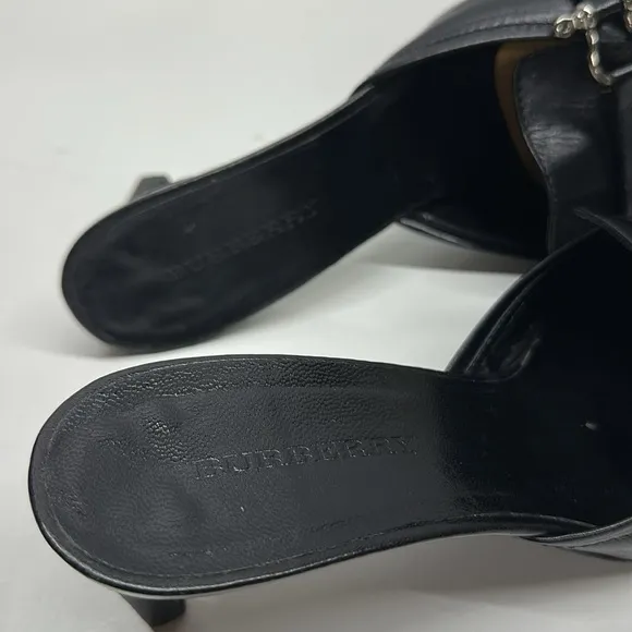 Burberry High Heels Shoes Pointed Toe Leather Open Back Mules Black Size 36 US 6