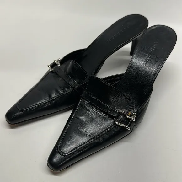 Burberry High Heels Shoes Pointed Toe Leather Open Back Mules Black Size 36 US 6