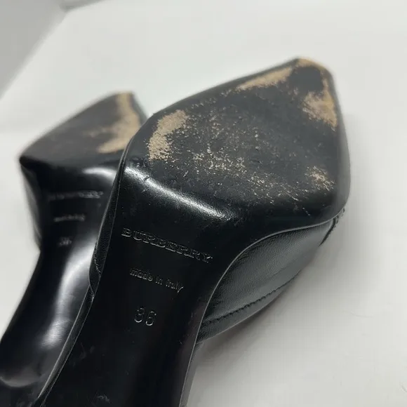 Burberry High Heels Shoes Pointed Toe Leather Open Back Mules Black Size 36 US 6