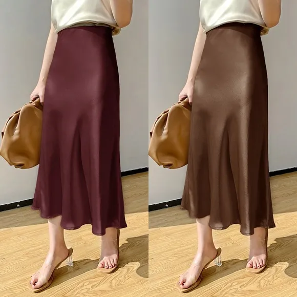 burgundy, maroon, wine, dark red satin midi skirt