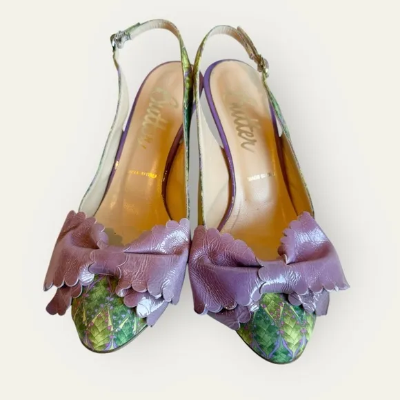 Butter Italy Rare Floral Print Purple Leather Bow Pumps Heels Green Purple Sz 6