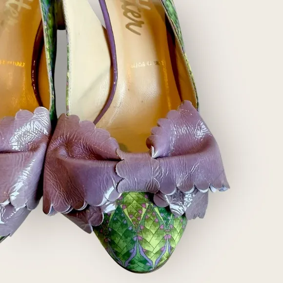 Butter Italy Rare Floral Print Purple Leather Bow Pumps Heels Green Purple Sz 6