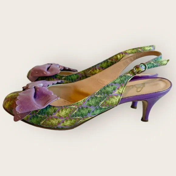 Butter Italy Rare Floral Print Purple Leather Bow Pumps Heels Green Purple Sz 6
