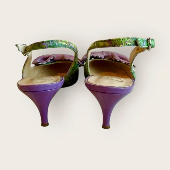 Butter Italy Rare Floral Print Purple Leather Bow Pumps Heels Green Purple Sz 6