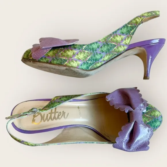 Butter Italy Rare Floral Print Purple Leather Bow Pumps Heels Green Purple Sz 6
