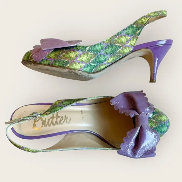 Butter Italy Rare Floral Print Purple Leather Bow Pumps Heels Green Purple Sz 6