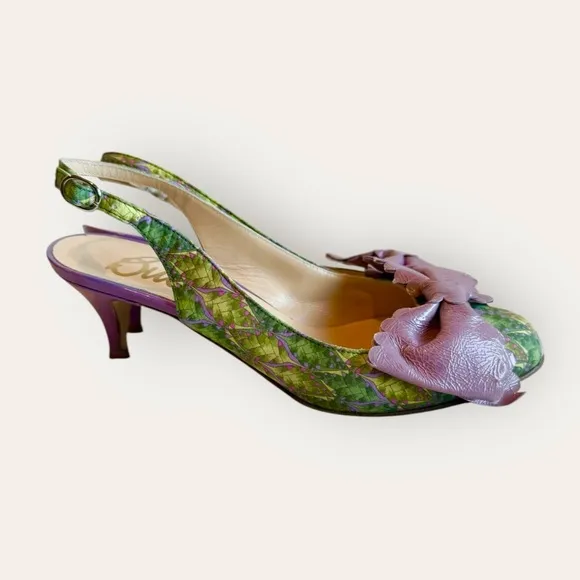 Butter Italy Rare Floral Print Purple Leather Bow Pumps Heels Green Purple Sz 6