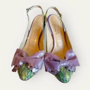 Butter Italy Rare Floral Print Purple Leather Bow Pumps Heels Green Purple Sz 6