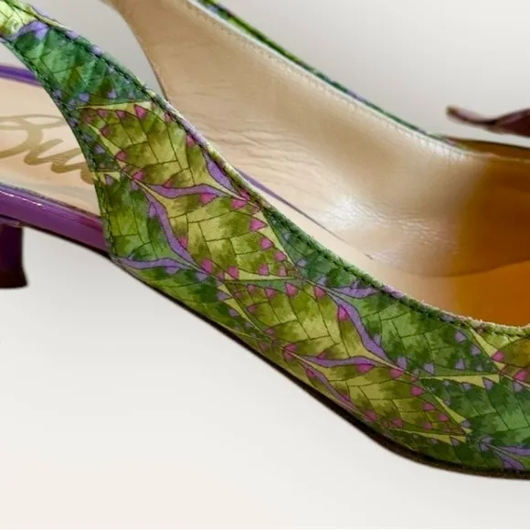 Butter Italy Rare Floral Print Purple Leather Bow Pumps Heels Green Purple Sz 6