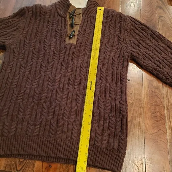 CABELAS Cable Knit Fisherman Sweater Leather Elbow Patches Mens Large Brown