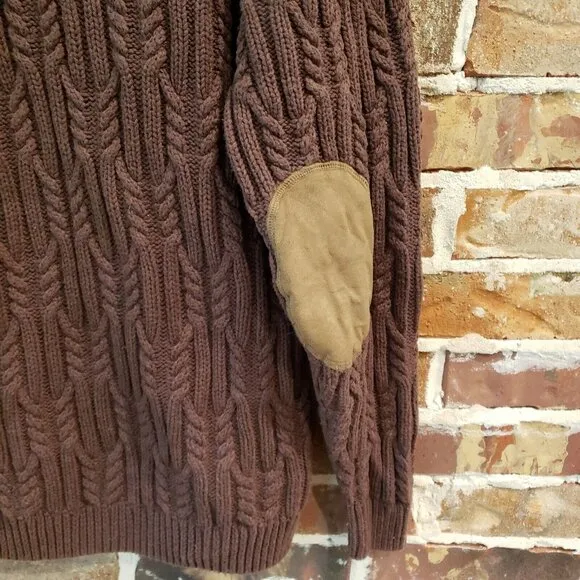 CABELAS Cable Knit Fisherman Sweater Leather Elbow Patches Mens Large Brown