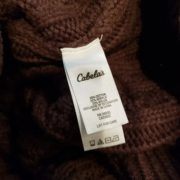 CABELAS Cable Knit Fisherman Sweater Leather Elbow Patches Mens Large Brown