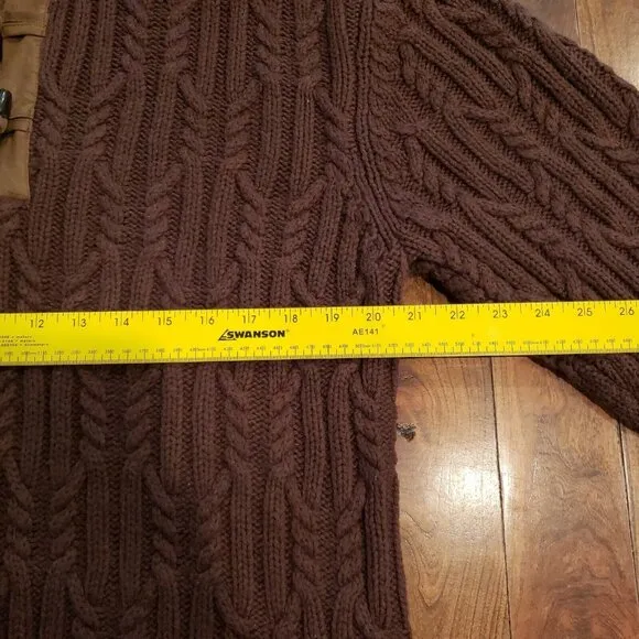 CABELAS Cable Knit Fisherman Sweater Leather Elbow Patches Mens Large Brown